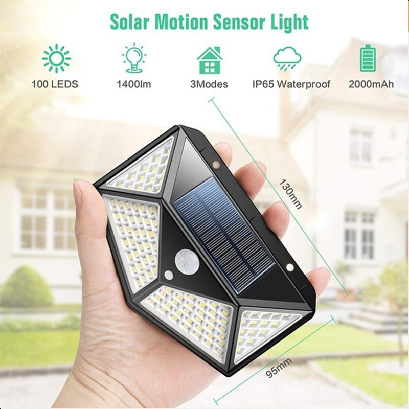 Solar Wall Lights Outdoor - 100 LED, PIR Motion Sensor, 3 Modes, Waterproof IP65