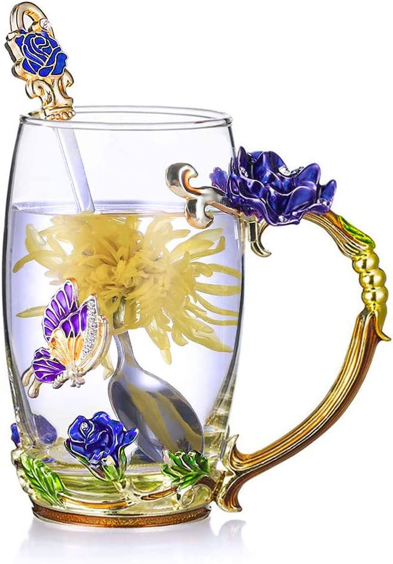 Red Rose Enamel Glass Coffee Mug & Spoon Set - Unique Gift for Special Occasions