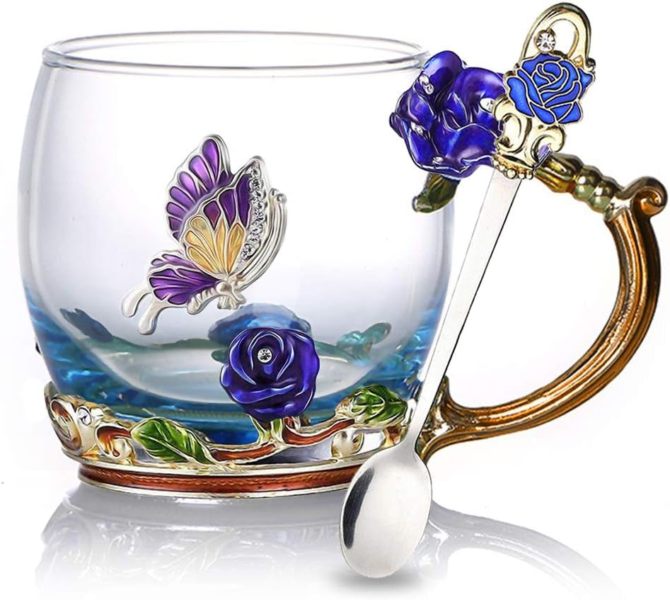 Red Rose Enamel Glass Coffee Mug & Spoon Set - Unique Gift for Special Occasions