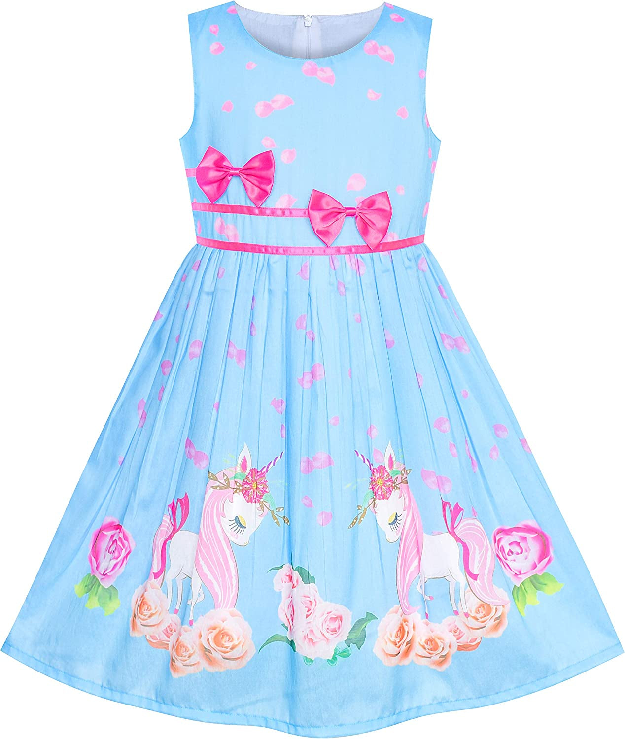 "Unicorn Printed Cotton Blend Girls Dress - Zipper Closure, Knee Length, Machine Washable"