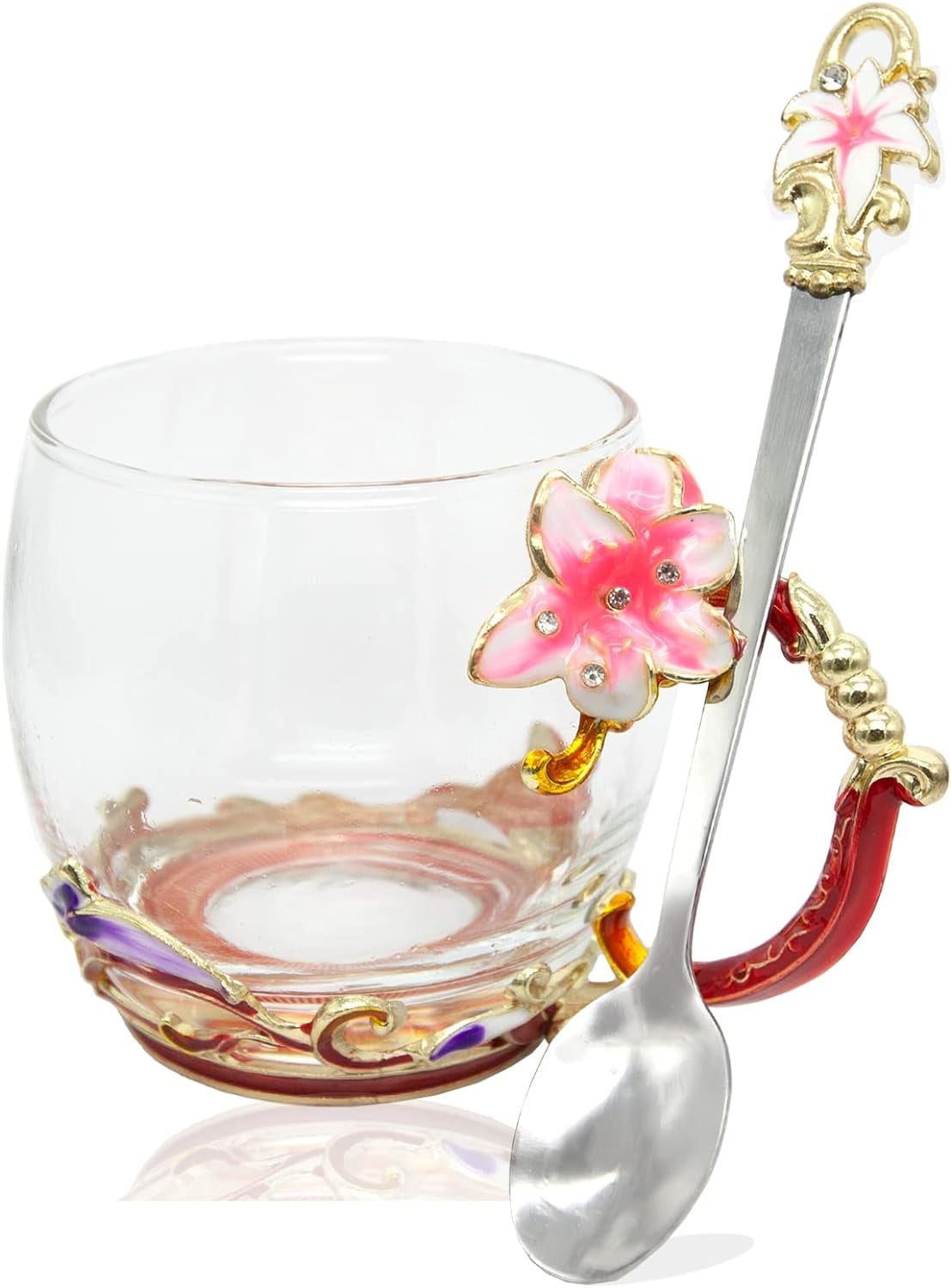 Red Rose Enamel Glass Coffee Mug & Spoon Set - Unique Gift for Special Occasions