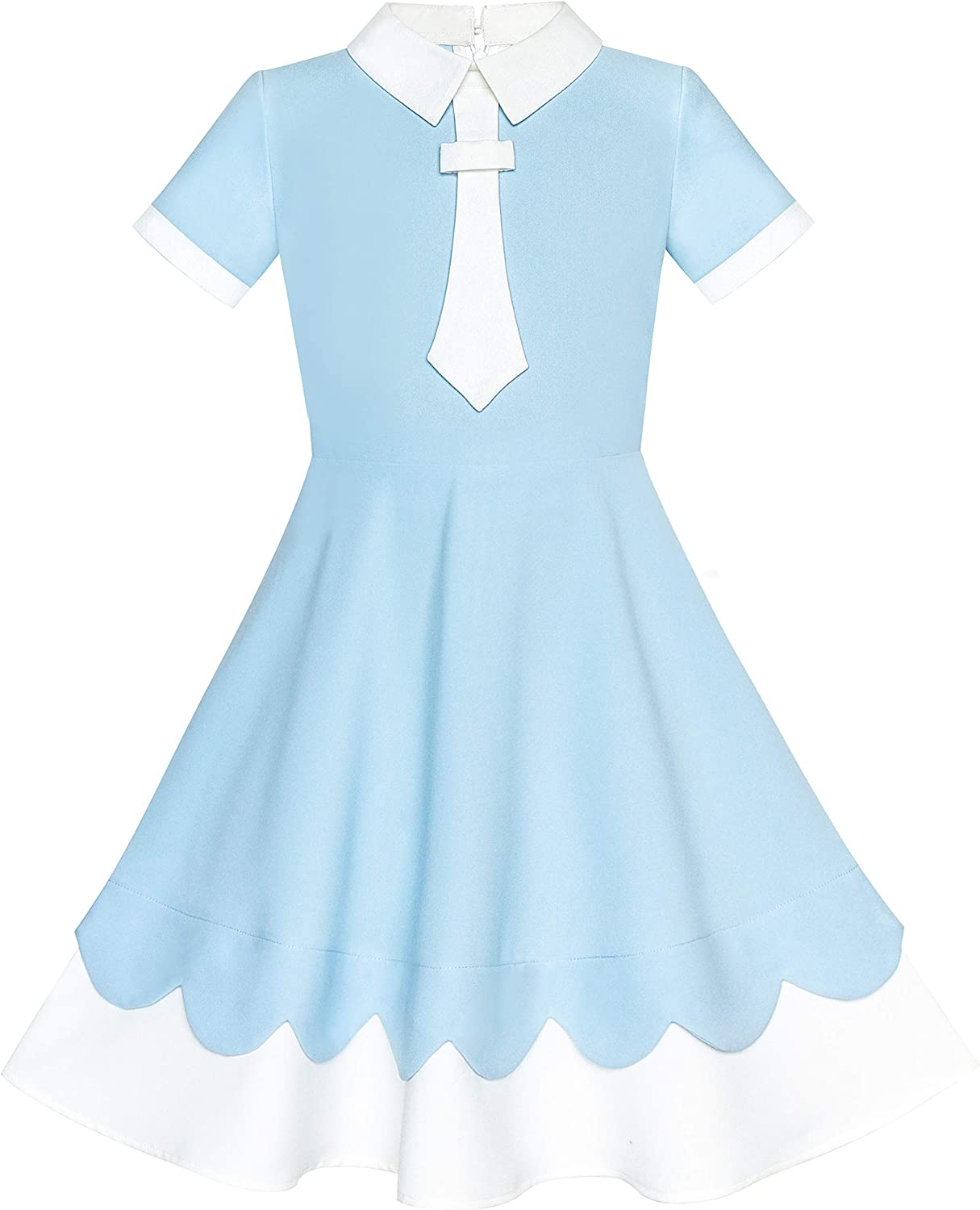 Navy Blue White Collar Tie Dress - Short Sleeve, Knee Length