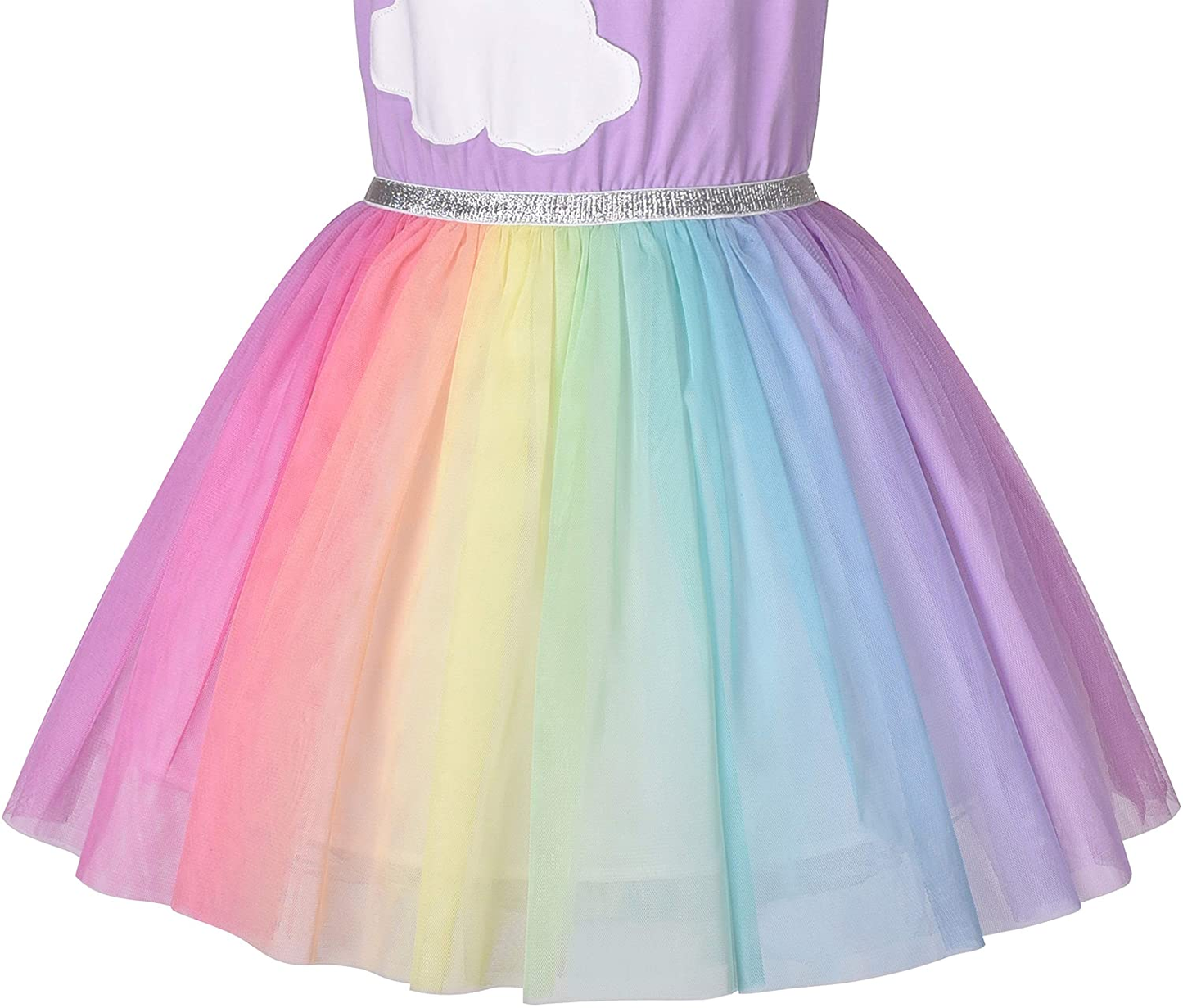"Purple Short Sleeve Rainbow Tulle Skirt Dress for Girls - Perfect for Birthday Parties"