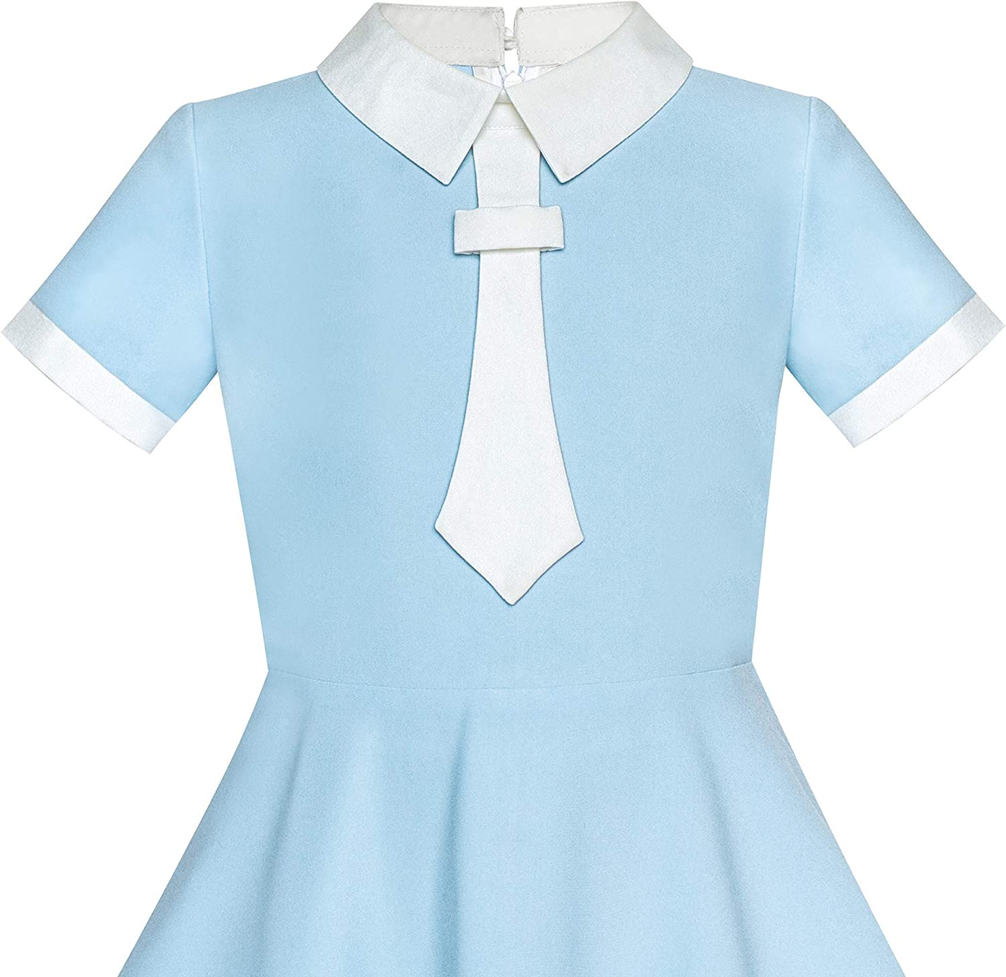 Navy Blue White Collar Tie Dress - Short Sleeve, Knee Length