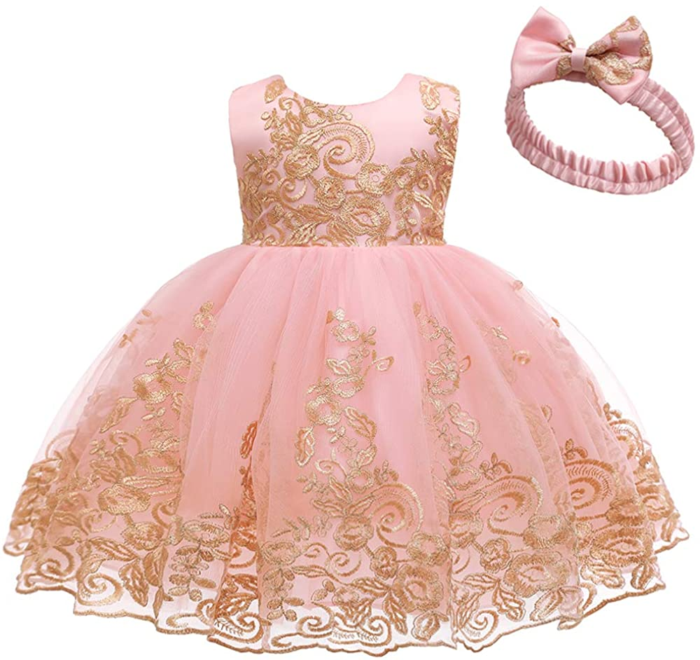 Baby Girls Pageant Lace Embroidery Dresses Toddler Formal Dress with Headwear
