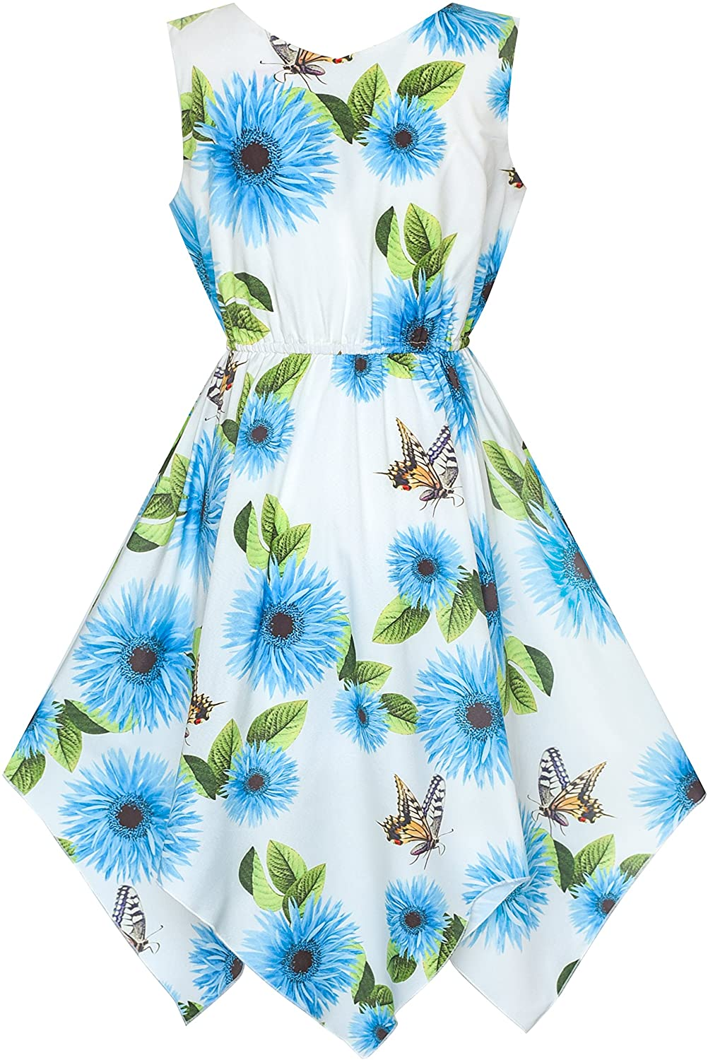 "Girls' Flower Print Hanky Hem Dress with Necklace - Knee Length"