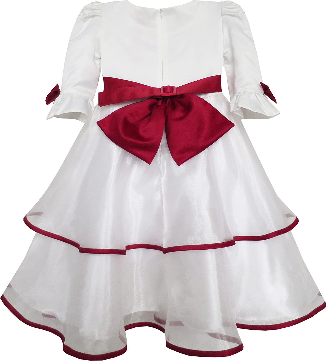 Red Rose Bow Tie Lace Formal Party Dress for Girls, Long Sleeve