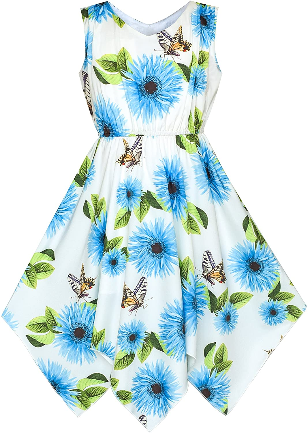 "Girls' Flower Print Hanky Hem Dress with Necklace - Knee Length"