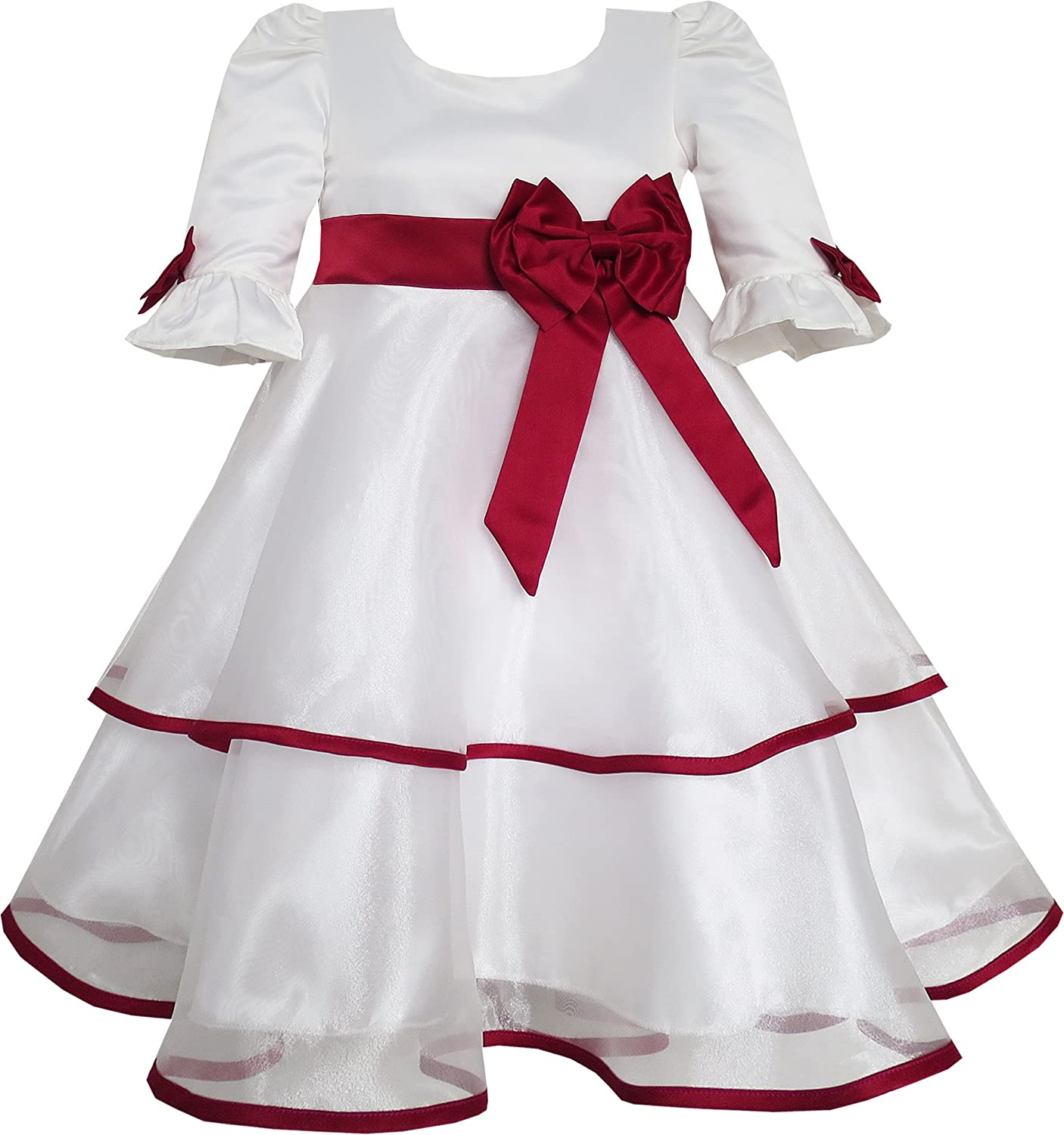 Red Rose Bow Tie Lace Formal Party Dress for Girls, Long Sleeve