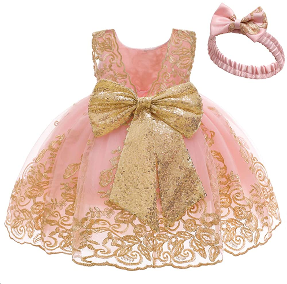 Baby Girls Pageant Lace Embroidery Dresses Toddler Formal Dress with Headwear