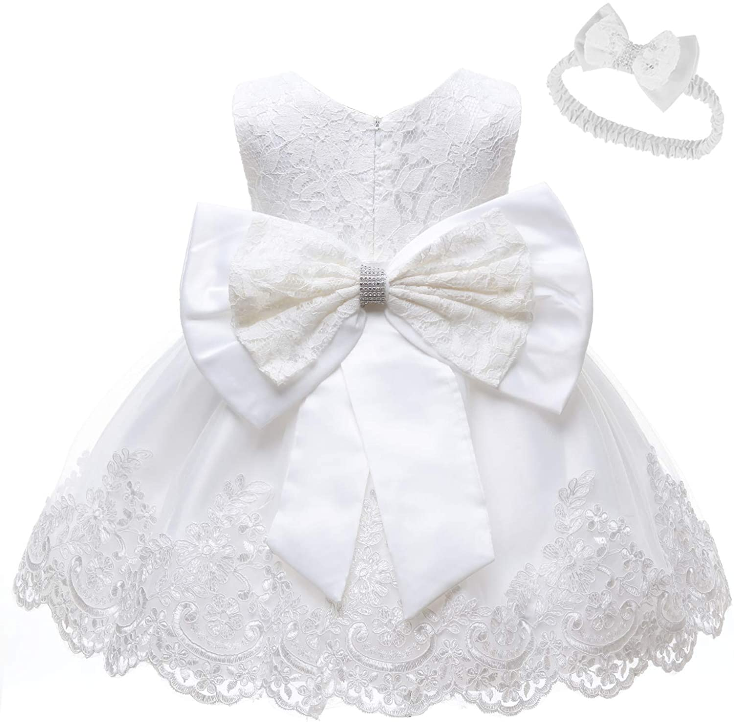 Baby Girls' Ruffle Lace Backless Dress with Headwear and Bowknot Flower