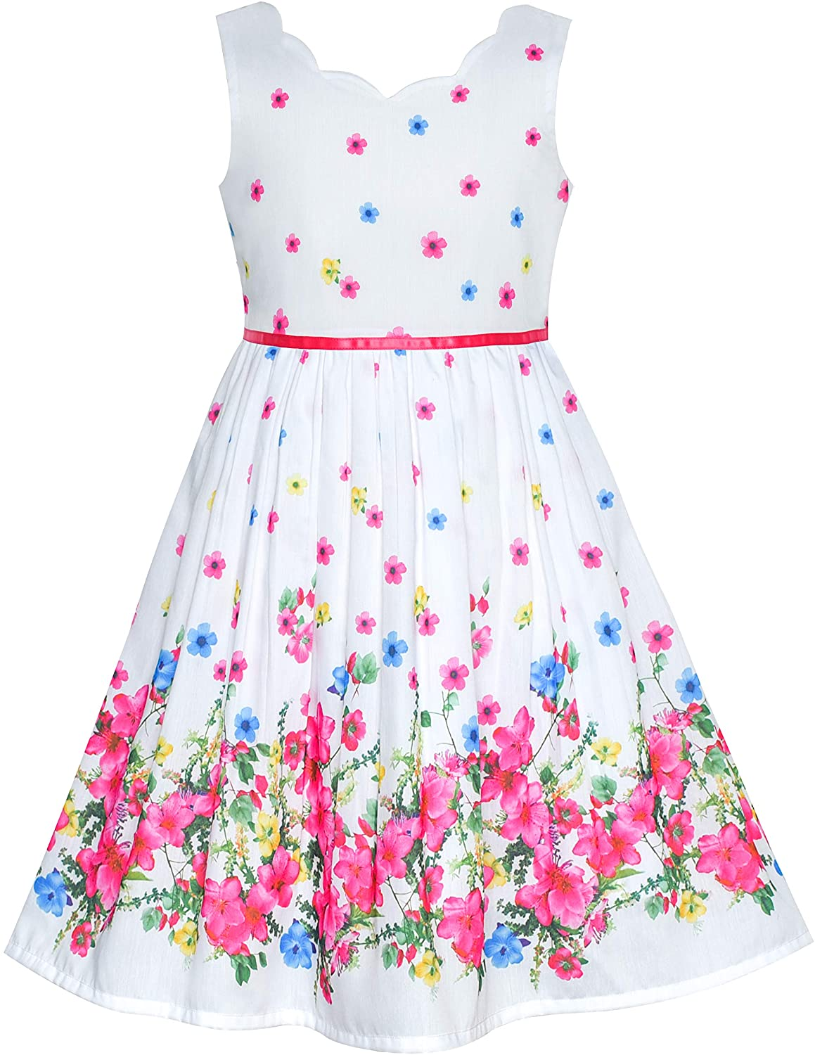 "Girls' Purple Sunflower and Green Leaves Dress - Knee Length"