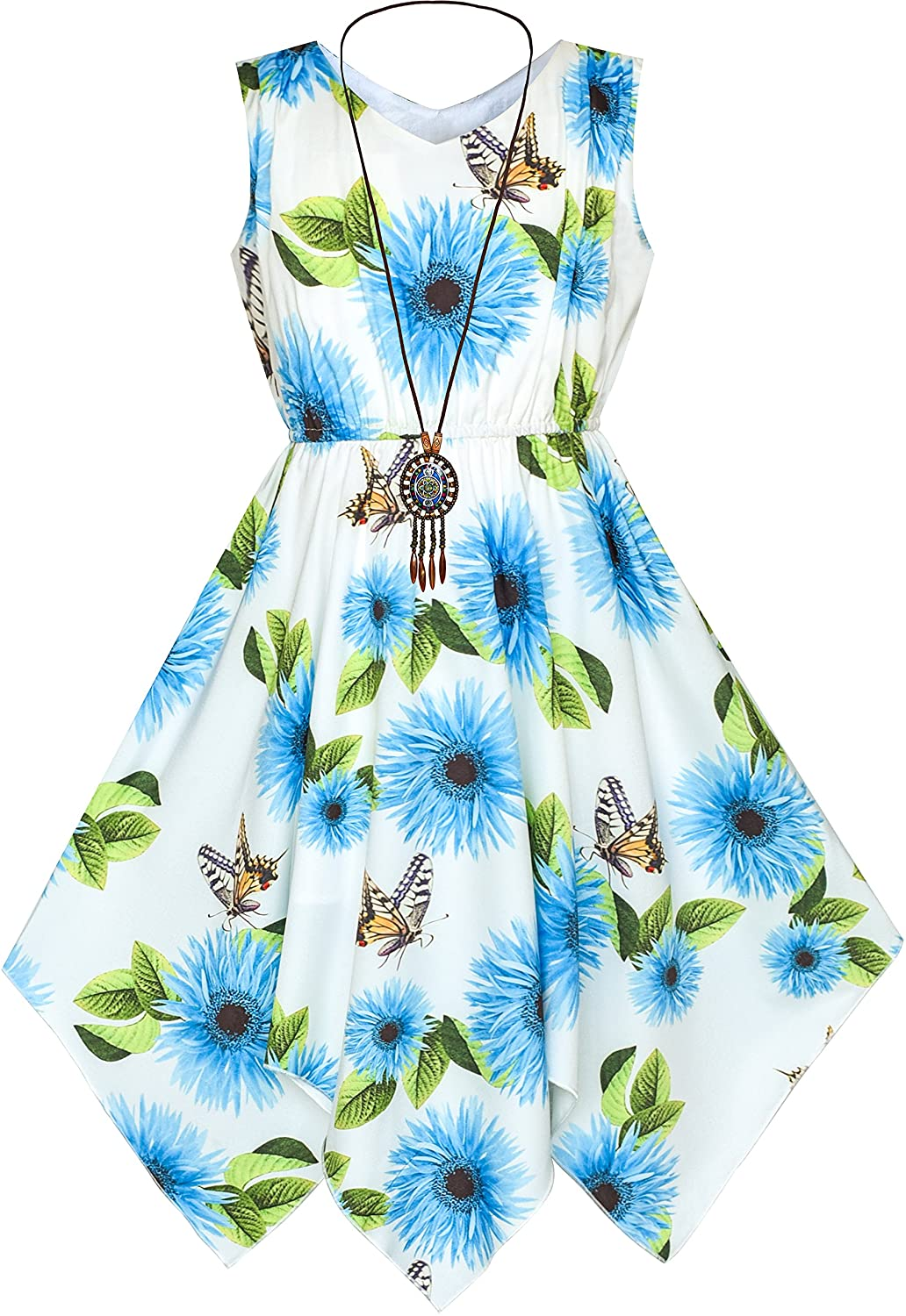 "Girls' Flower Print Hanky Hem Dress with Necklace - Knee Length"