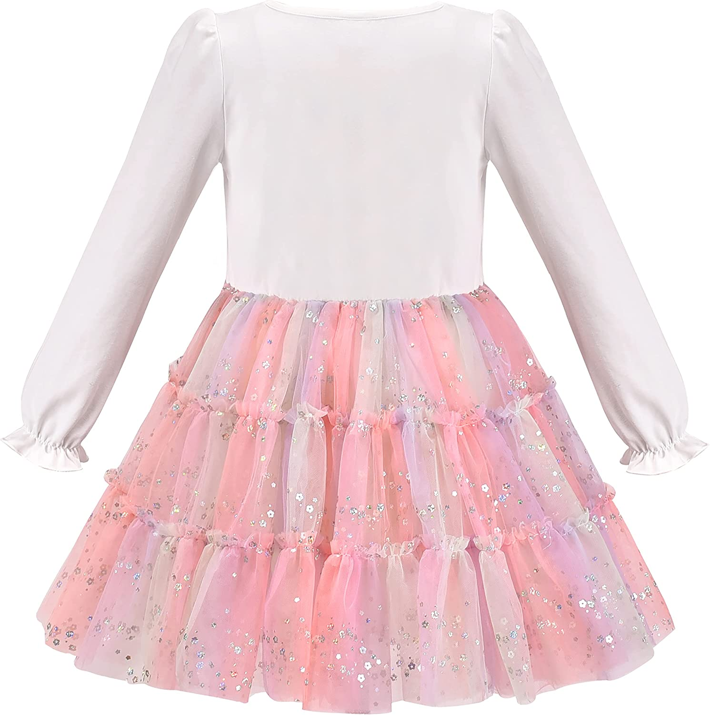 Girls Long Sleeve Christmas Dress with Owl and Sequin Design Cotton Top with Tulle Skirt, Machine Washable