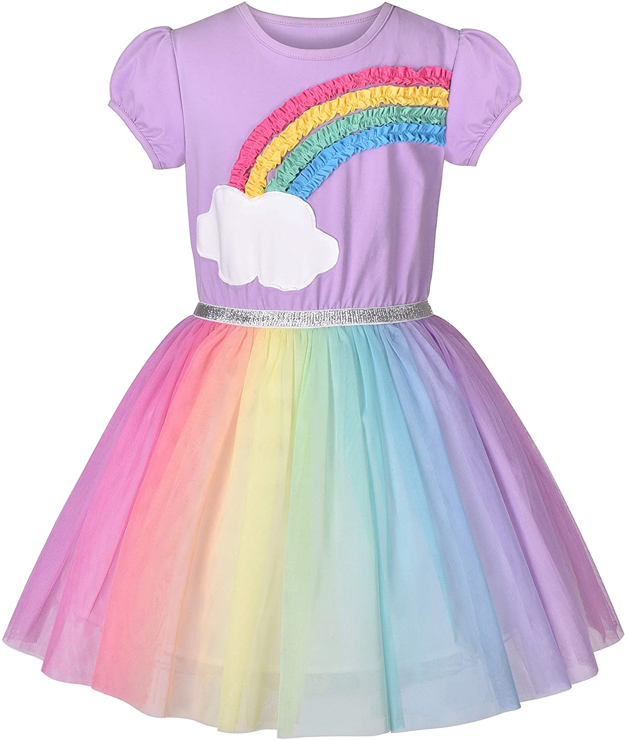 "Purple Short Sleeve Rainbow Tulle Skirt Dress for Girls - Perfect for Birthday Parties"