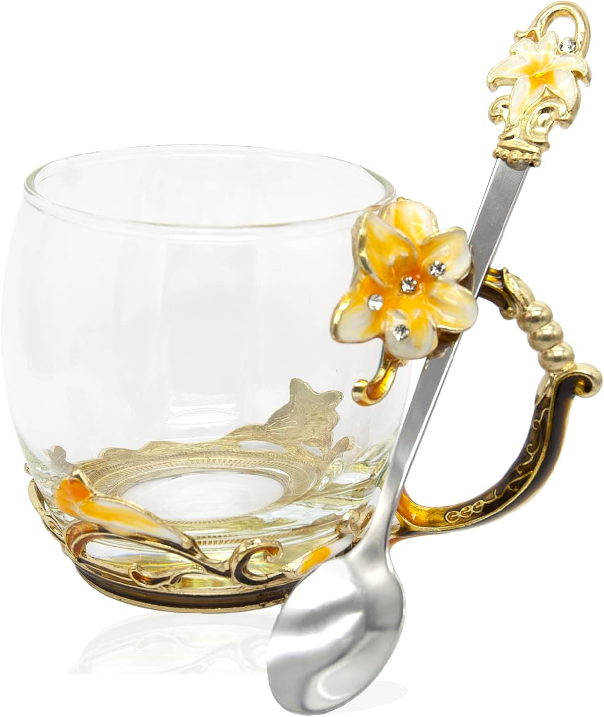 Red Rose Enamel Glass Coffee Mug & Spoon Set - Unique Gift for Special Occasions