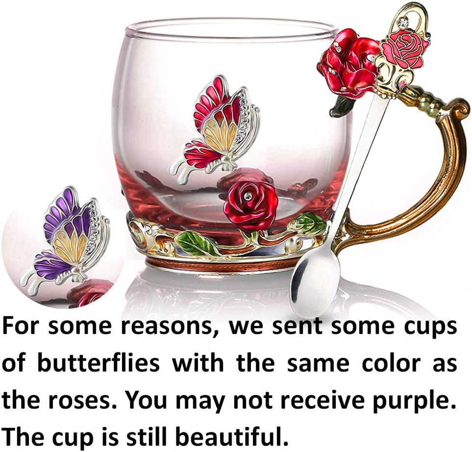 Red Rose Enamel Glass Coffee Mug & Spoon Set - Unique Gift for Special Occasions