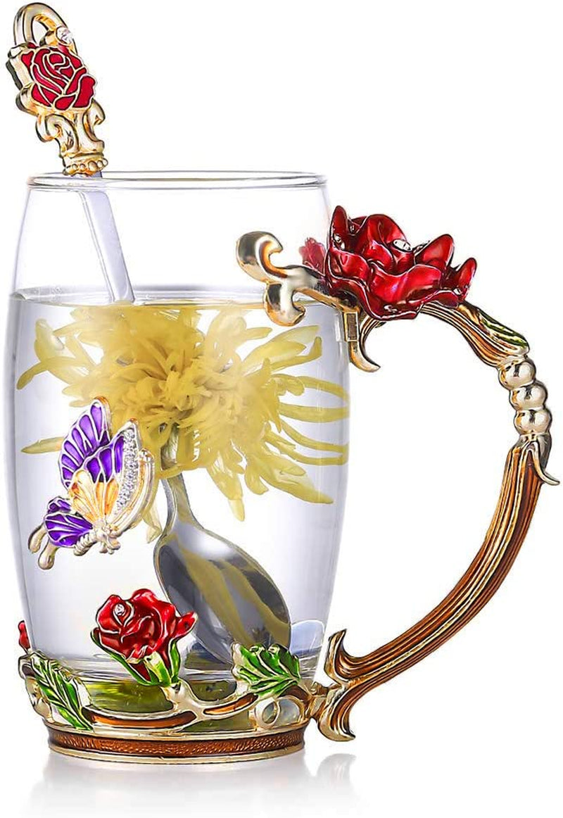 Red Rose Enamel Glass Coffee Mug & Spoon Set - Unique Gift for Special Occasions