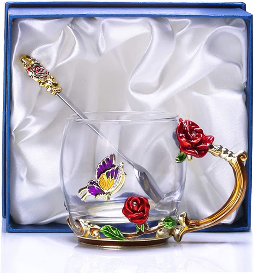 Red Rose Enamel Glass Coffee Mug & Spoon Set - Unique Gift for Special Occasions