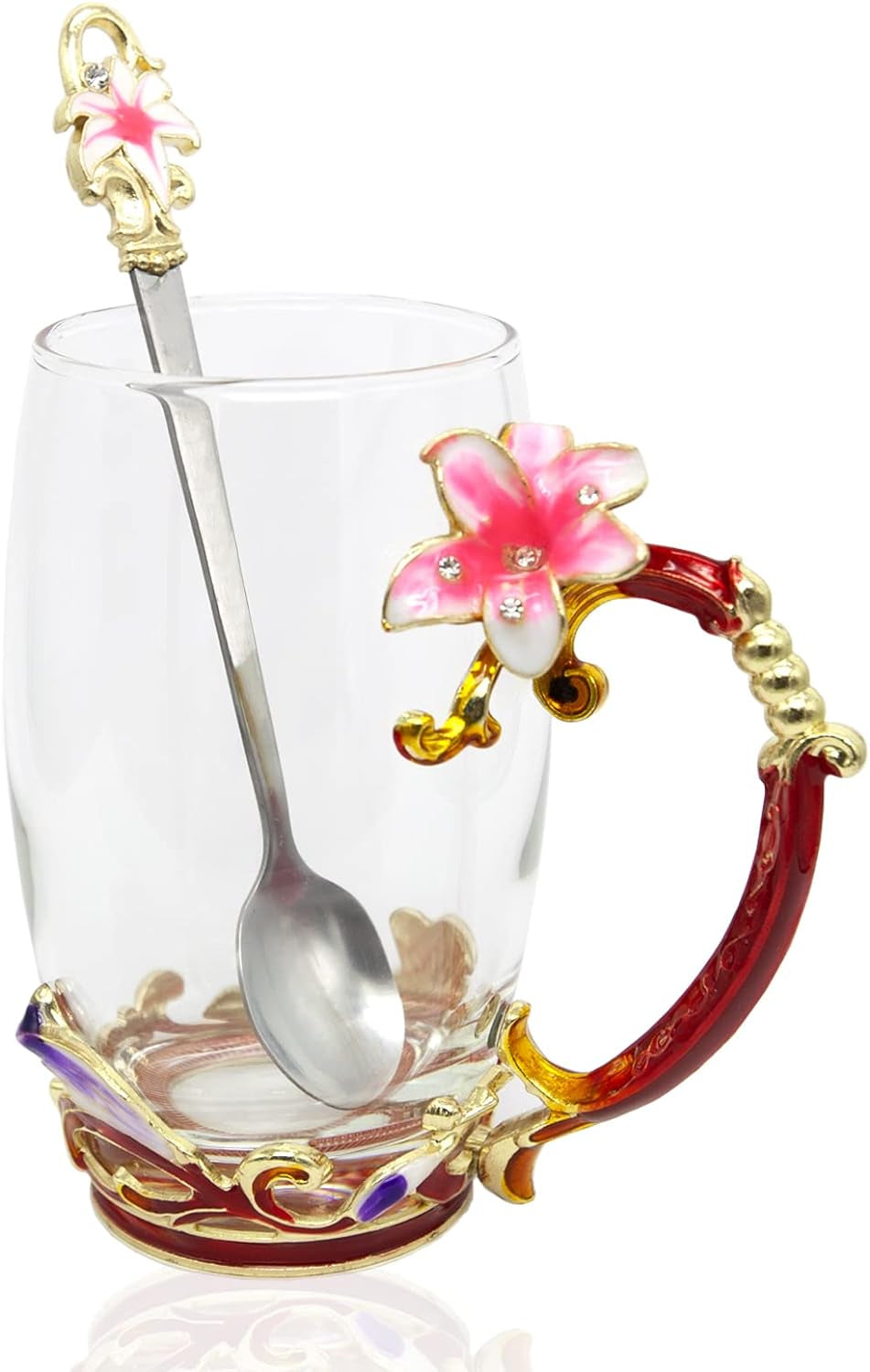 Red Rose Enamel Glass Coffee Mug & Spoon Set - Unique Gift for Special Occasions