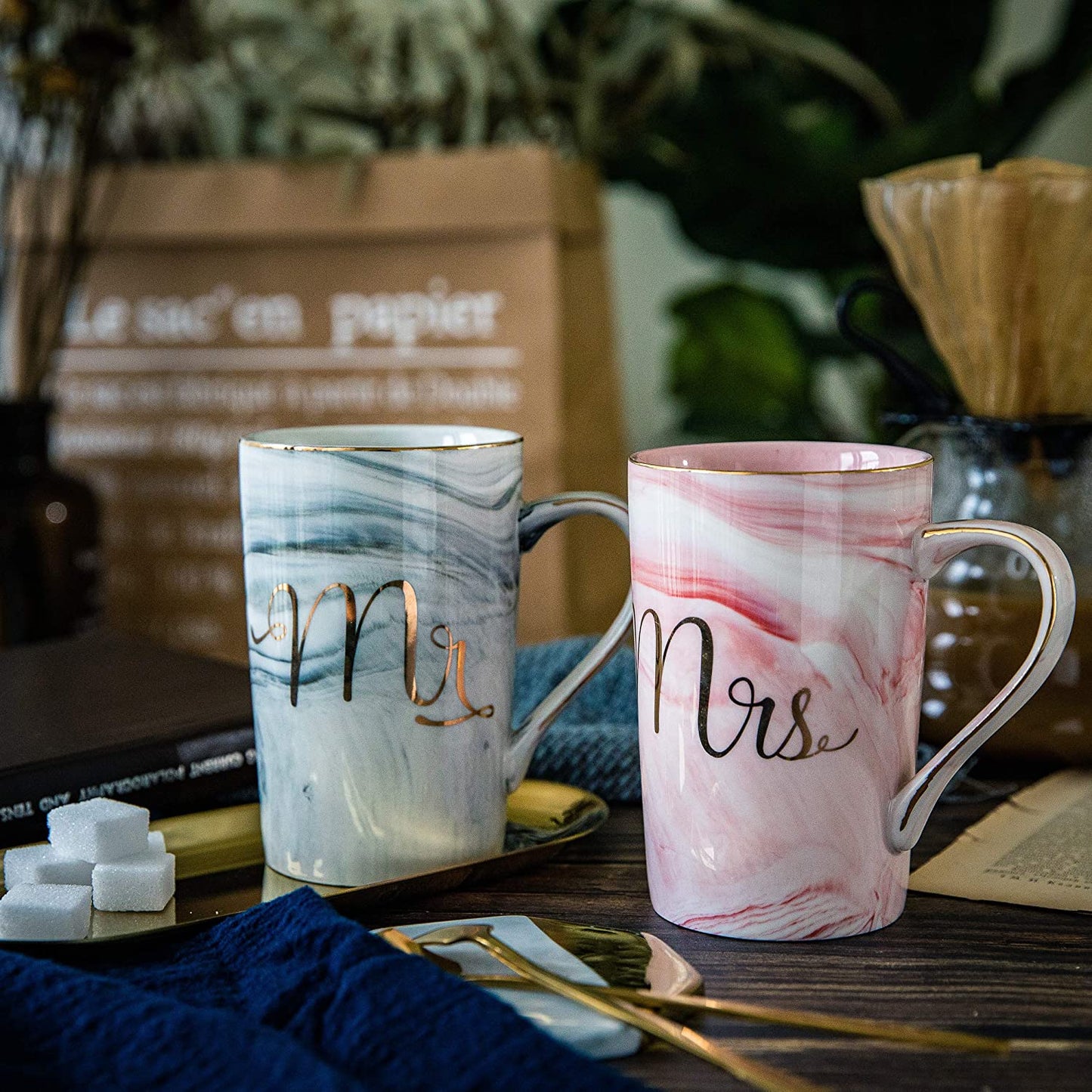 Mr and Mrs Coffee Mugs - Wedding Gifts for Bride and Groom - Gifts for Bridal Shower Engagement Wedding and Married Couples Anniversary - Ceramic Marble Cups 14 Oz Pink