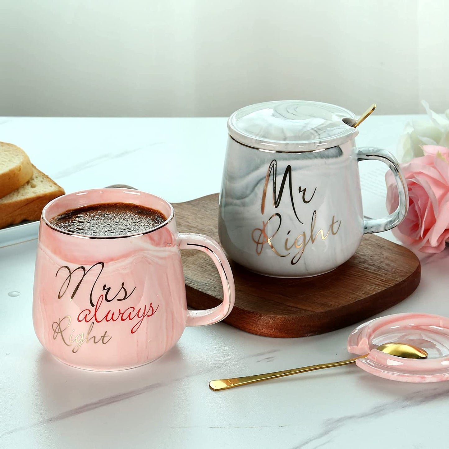 Mr Right & Mrs Always Right Marble Mugs Set - Perfect Engagement, Wedding & Anniversary Gift