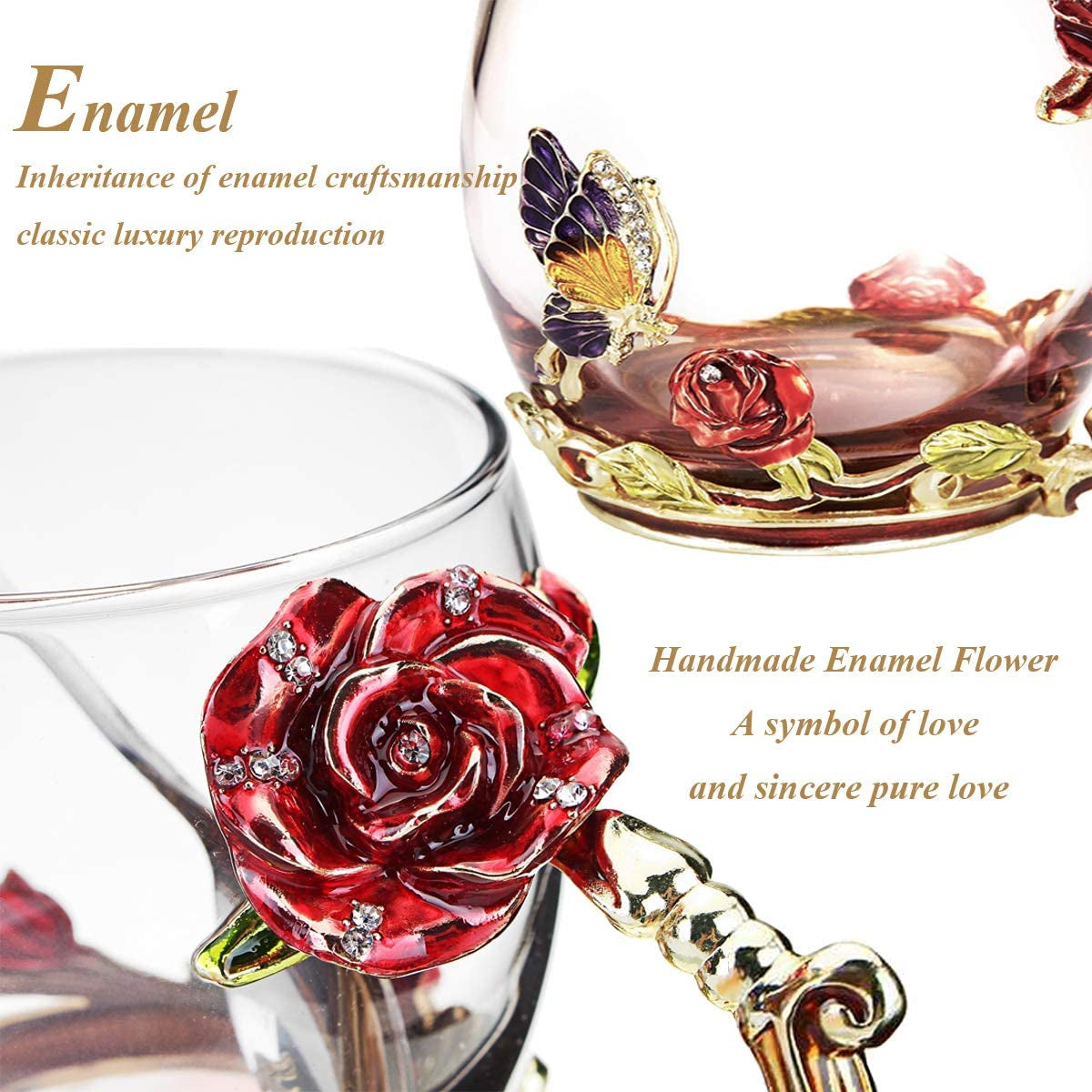 Red Rose Enamel Glass Coffee Mug & Spoon Set - Unique Gift for Special Occasions