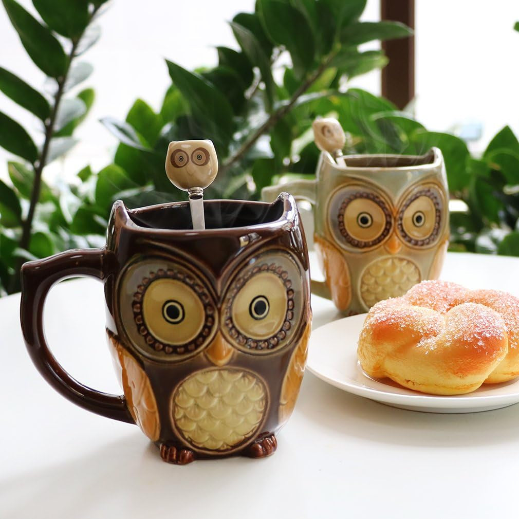 Set of 2 Owl-Shaped Ceramic Coffee Mugs with Spoons - Perfect Gift for Owl Enthusiasts