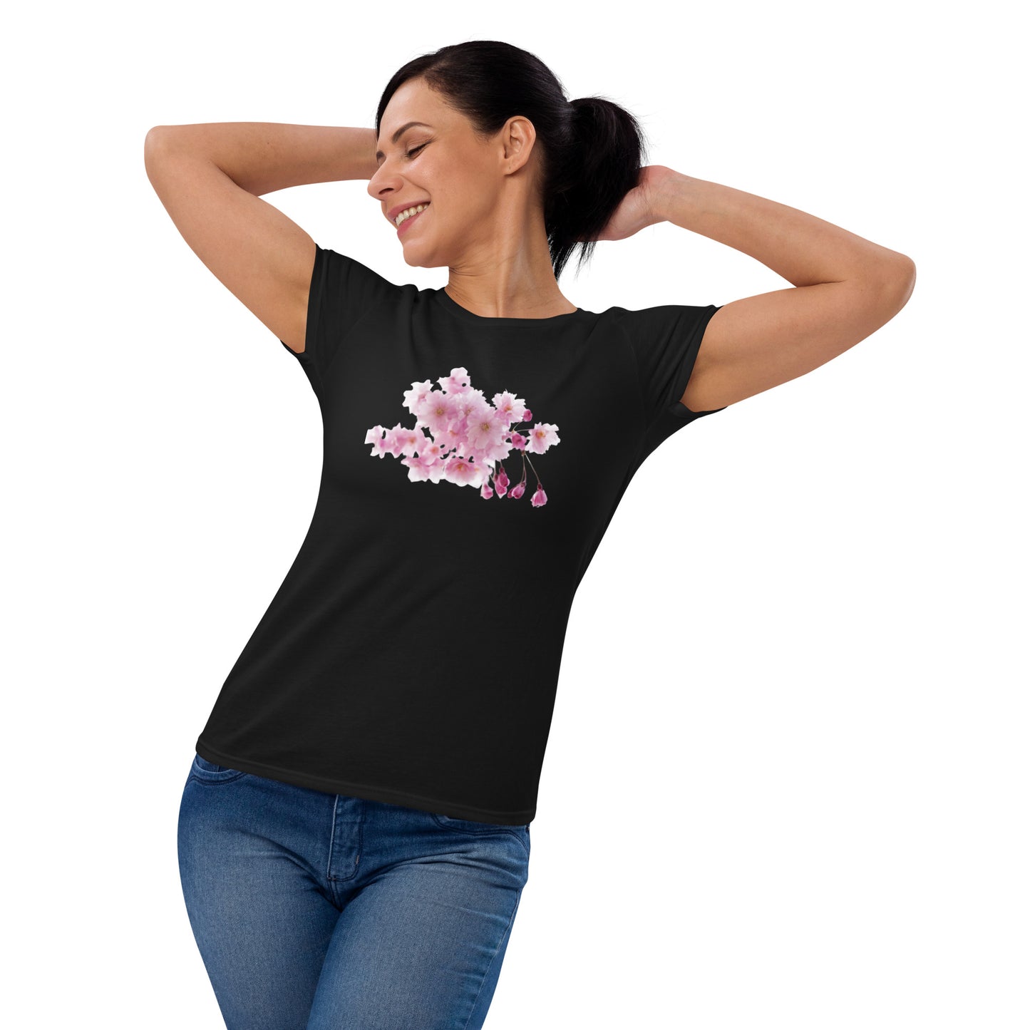 "Elegant Women's Short Sleeve T-Shirt with Cherry Blossoms - Supreme Comfort and Lasting Quality"