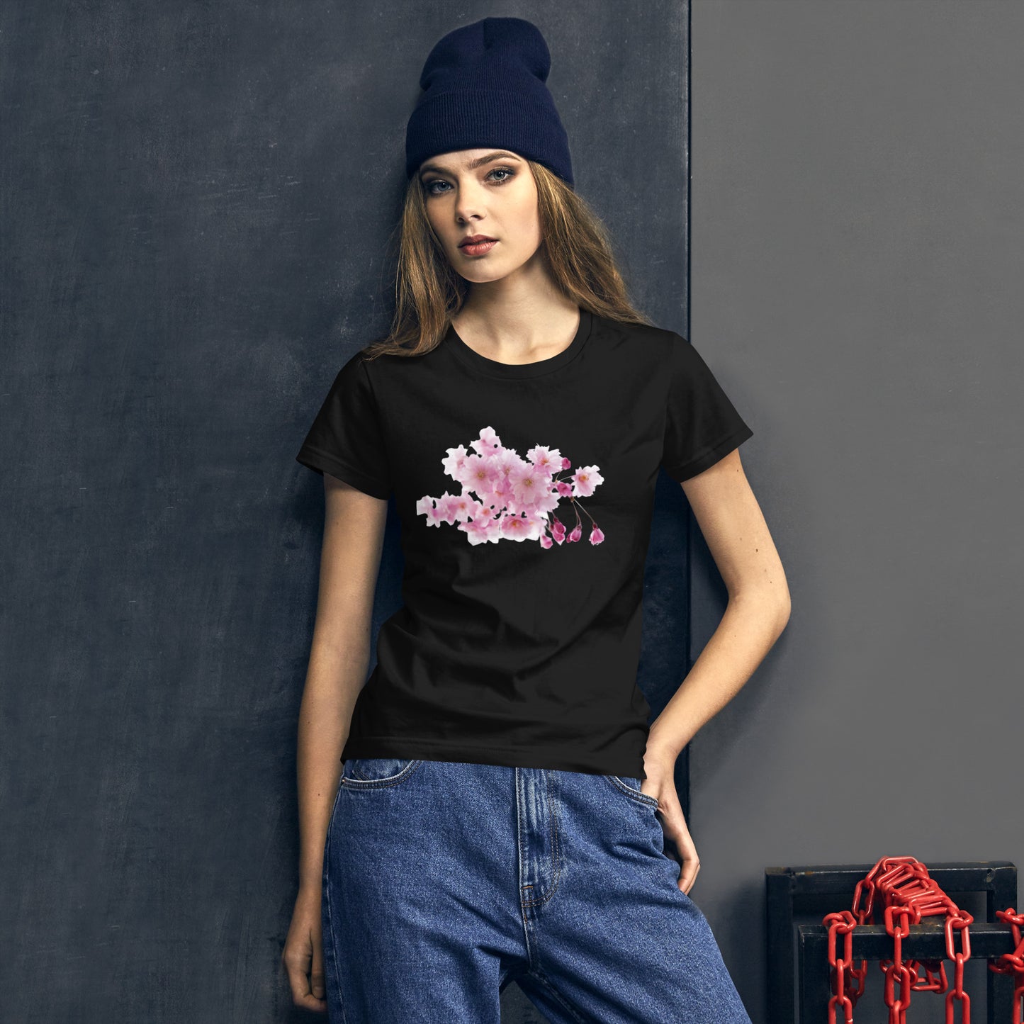 "Elegant Women's Short Sleeve T-Shirt with Cherry Blossoms - Supreme Comfort and Lasting Quality"