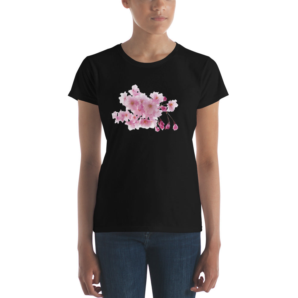 "Elegant Women's Short Sleeve T-Shirt with Cherry Blossoms - Supreme Comfort and Lasting Quality"