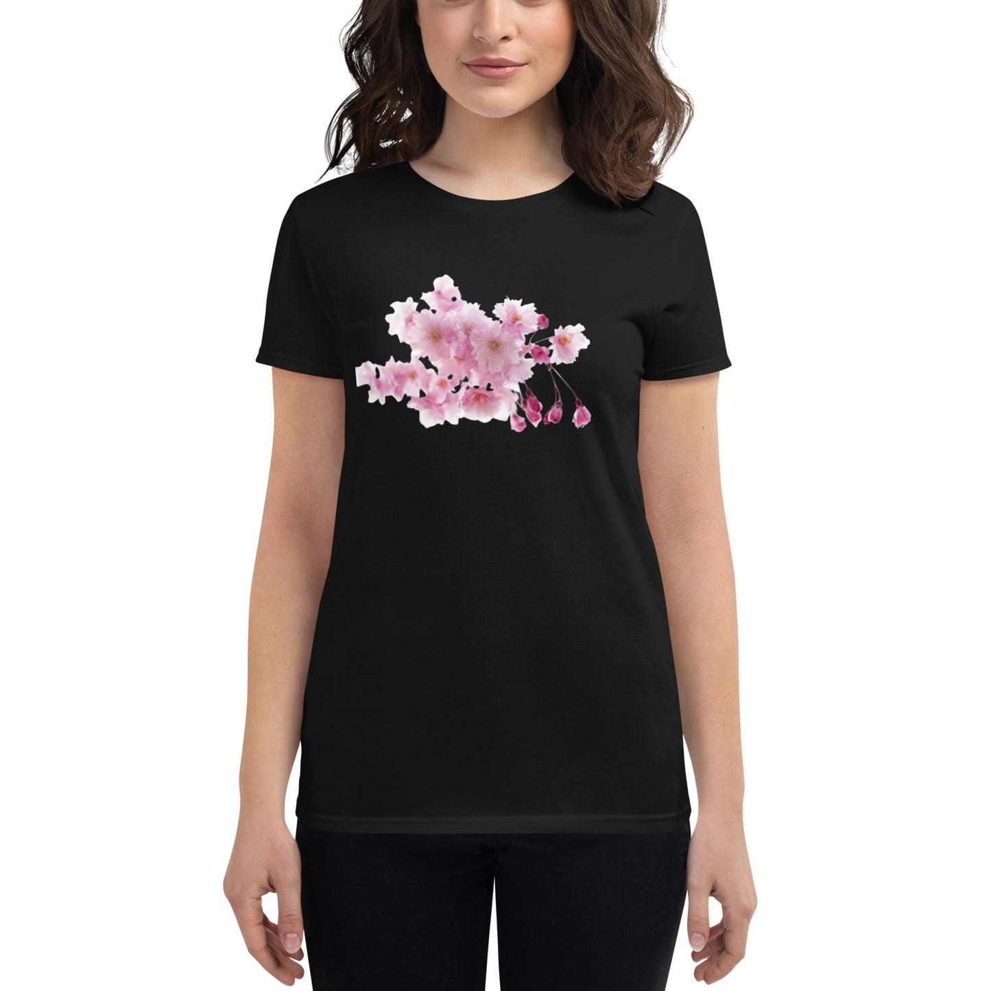 "Elegant Women's Short Sleeve T-Shirt with Cherry Blossoms - Supreme Comfort and Lasting Quality"