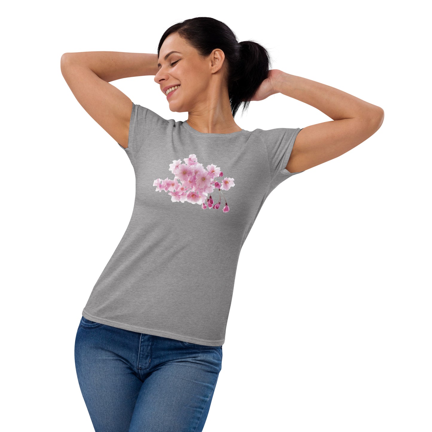 "Elegant Women's Short Sleeve T-Shirt with Cherry Blossoms - Supreme Comfort and Lasting Quality"