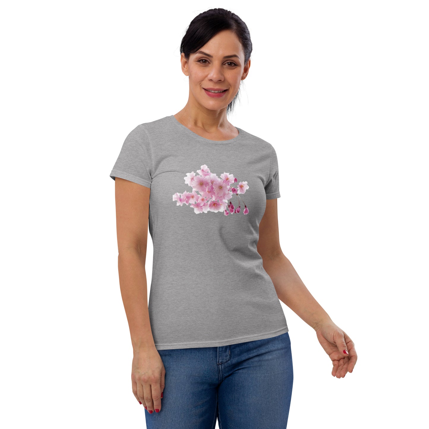 "Elegant Women's Short Sleeve T-Shirt with Cherry Blossoms - Supreme Comfort and Lasting Quality"