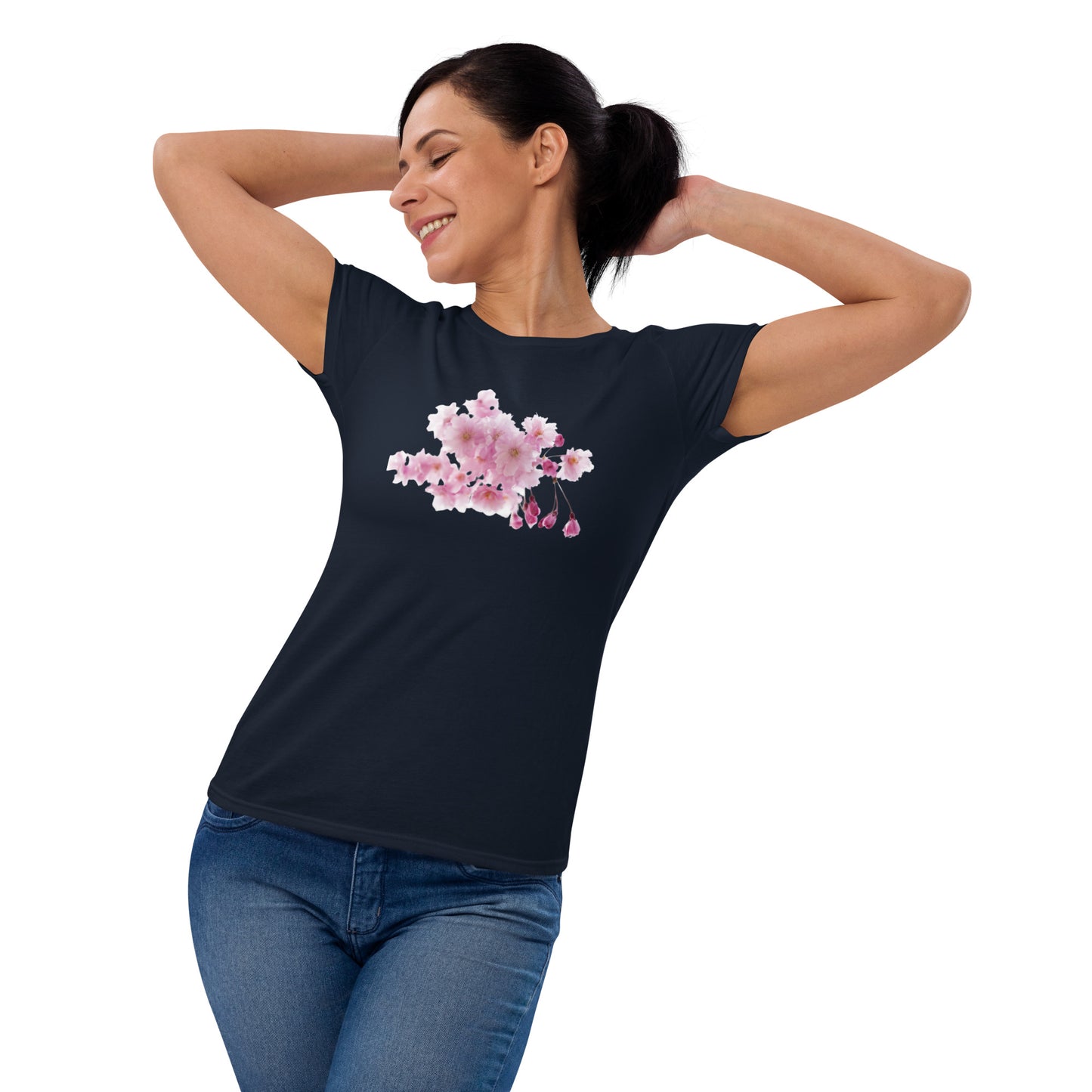 "Elegant Women's Short Sleeve T-Shirt with Cherry Blossoms - Supreme Comfort and Lasting Quality"