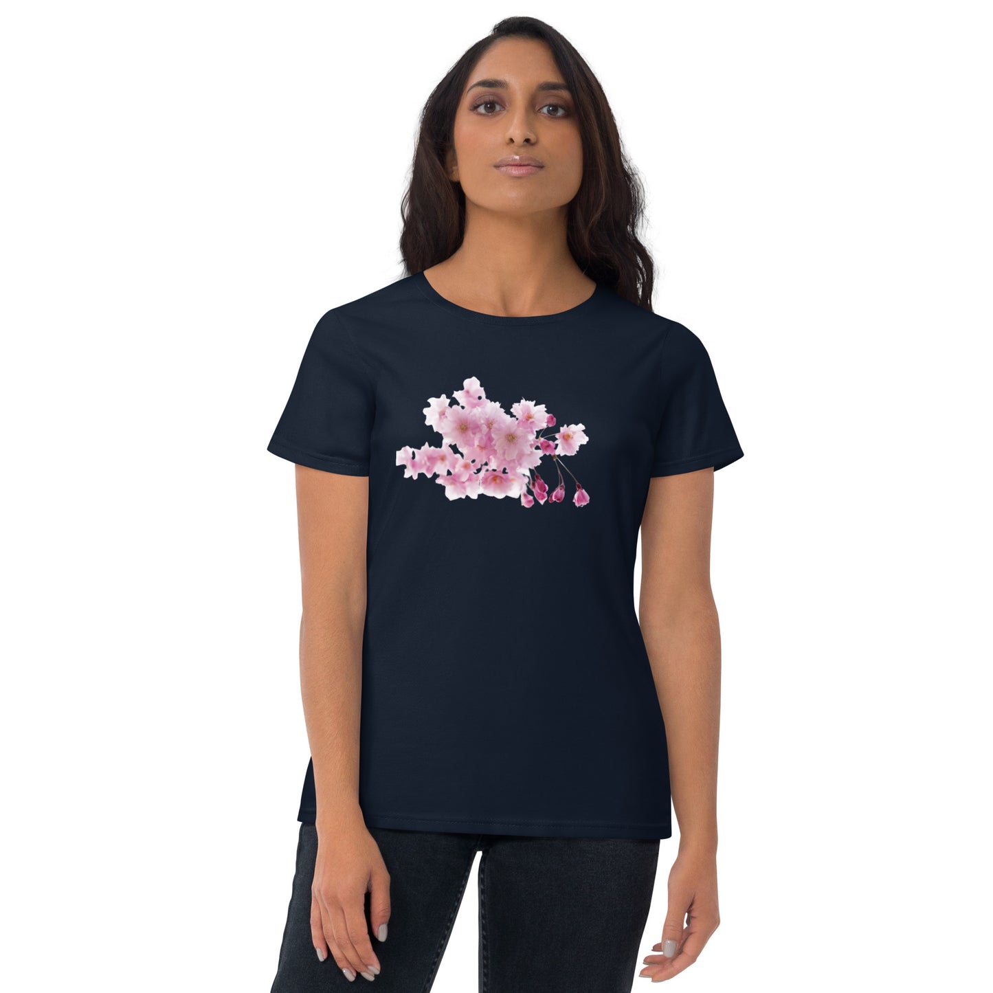 "Elegant Women's Short Sleeve T-Shirt with Cherry Blossoms - Supreme Comfort and Lasting Quality"