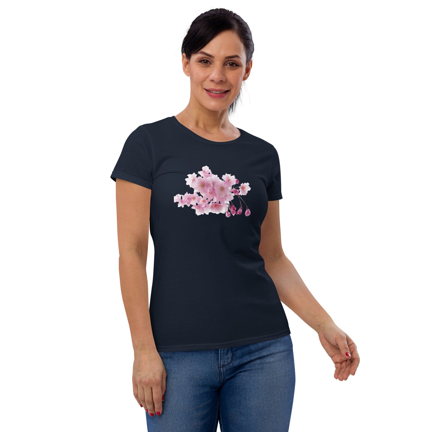 "Elegant Women's Short Sleeve T-Shirt with Cherry Blossoms - Supreme Comfort and Lasting Quality"