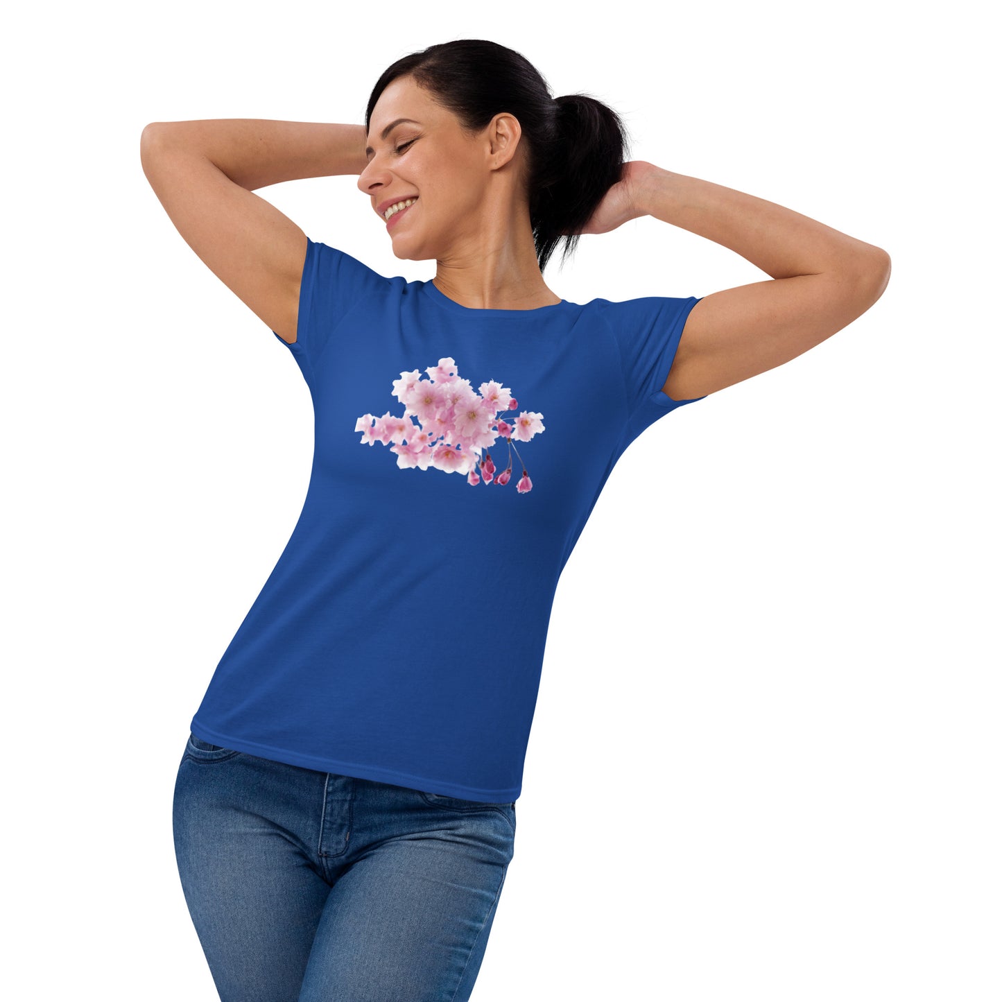 "Elegant Women's Short Sleeve T-Shirt with Cherry Blossoms - Supreme Comfort and Lasting Quality"