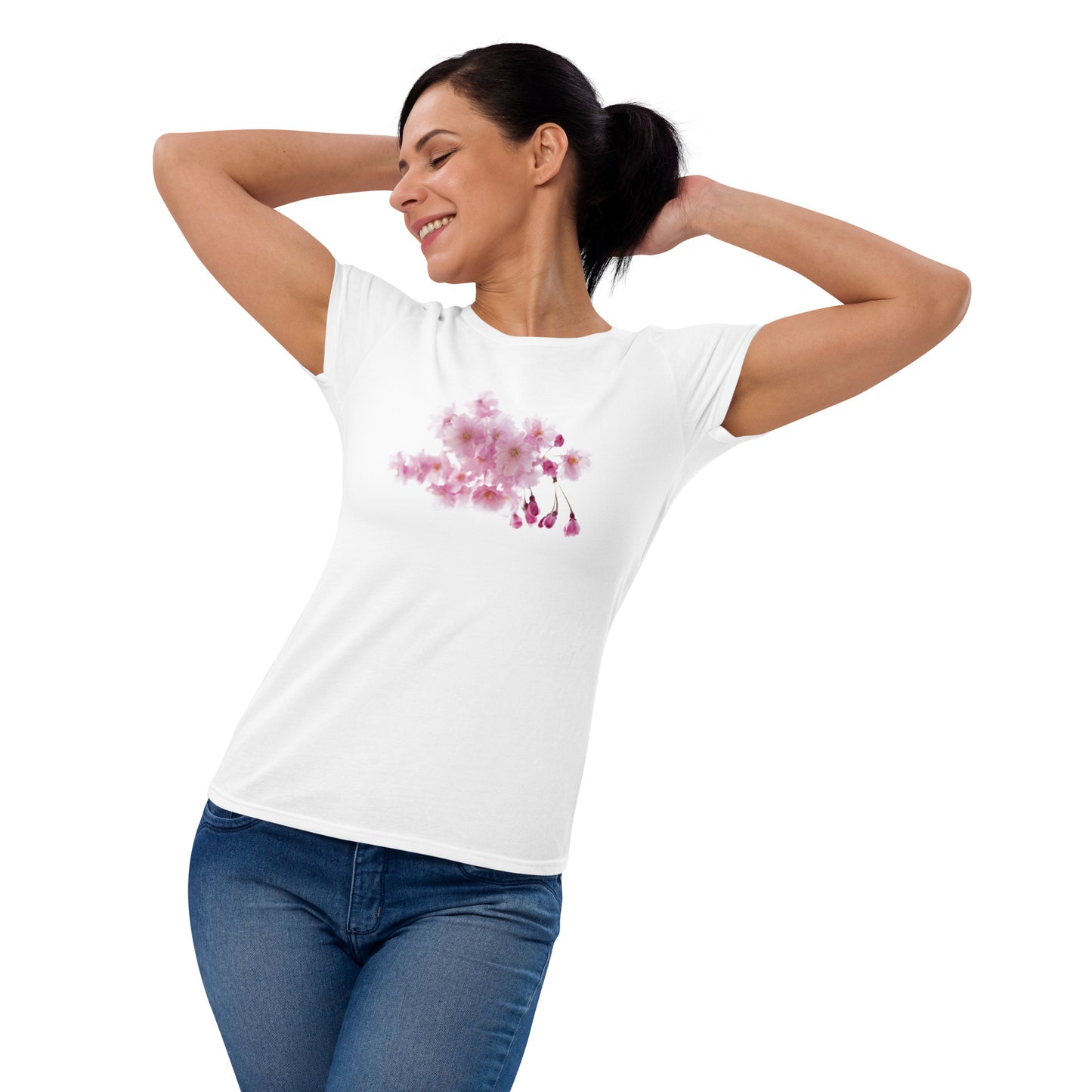 "Elegant Women's Short Sleeve T-Shirt with Cherry Blossoms - Supreme Comfort and Lasting Quality"