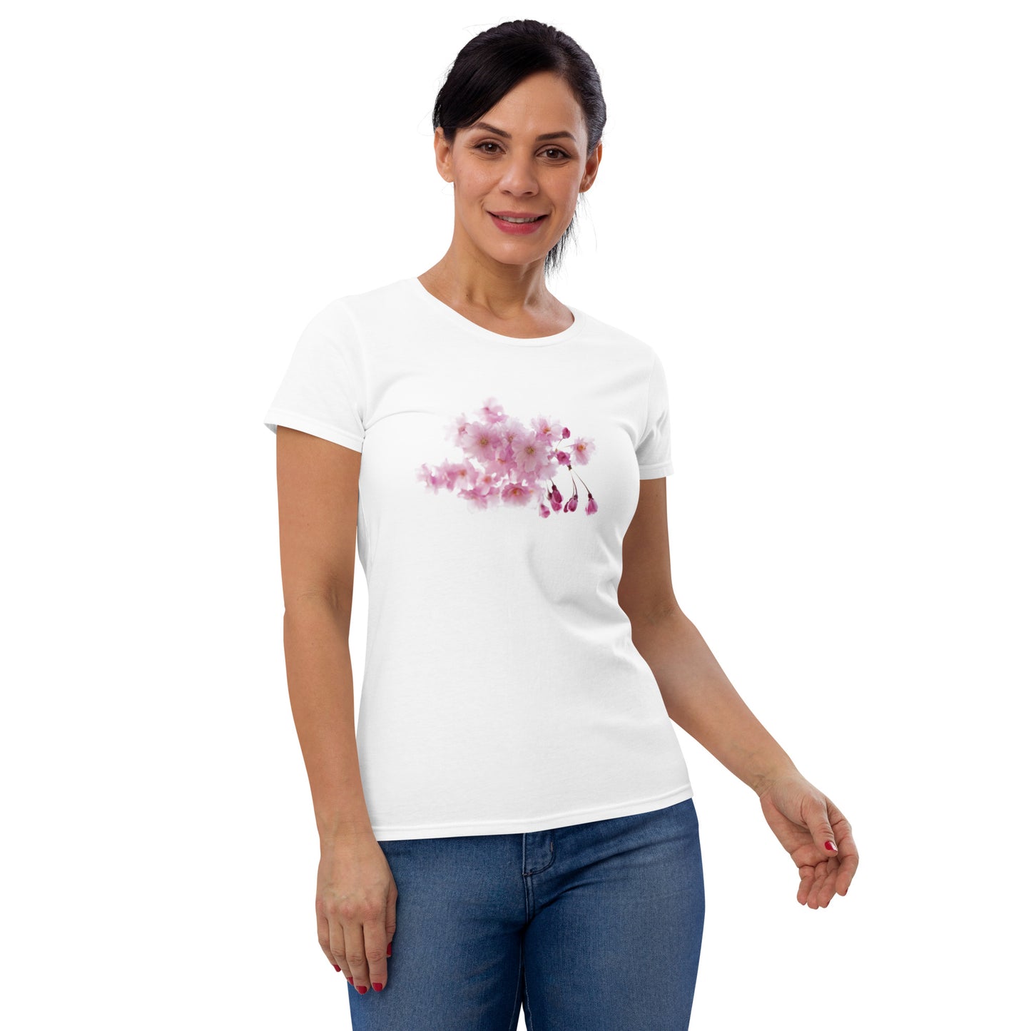 "Elegant Women's Short Sleeve T-Shirt with Cherry Blossoms - Supreme Comfort and Lasting Quality"