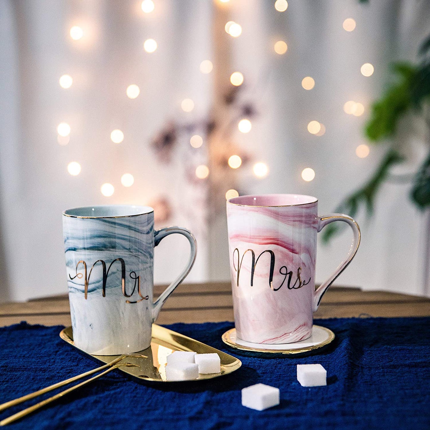 Mr and Mrs Coffee Mugs - Wedding Gifts for Bride and Groom - Gifts for Bridal Shower Engagement Wedding and Married Couples Anniversary - Ceramic Marble Cups 14 Oz Pink