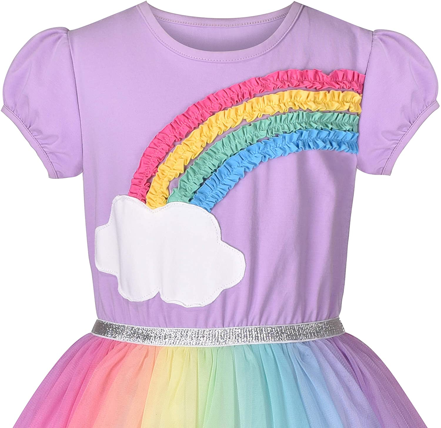 "Purple Short Sleeve Rainbow Tulle Skirt Dress for Girls - Perfect for Birthday Parties"