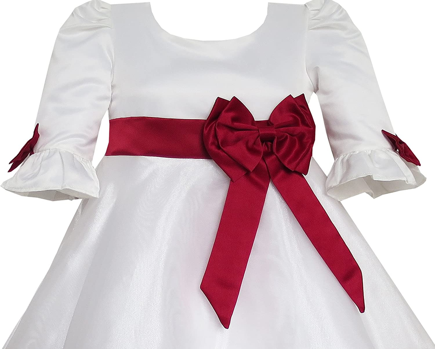  Red Rose Bow Tie Lace Formal Party Dress for Girls, Long Sleeve