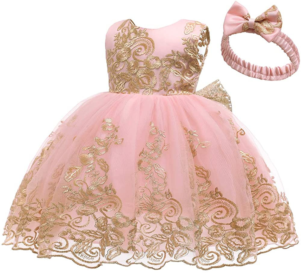  Baby Girls Pageant Lace Embroidery Dresses Toddler Formal Dress with Headwear