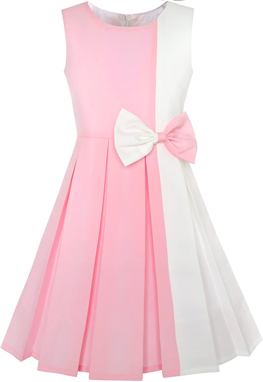 GIRLS COLOR BLOCK CONTRAST BOW TIE PARTY DRESS