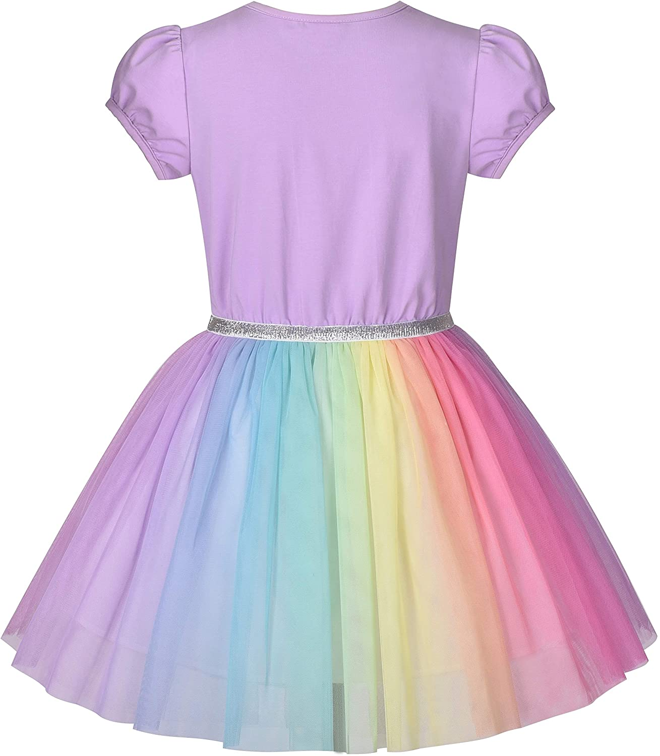 "Purple Short Sleeve Rainbow Tulle Skirt Dress for Girls - Perfect for Birthday Parties"