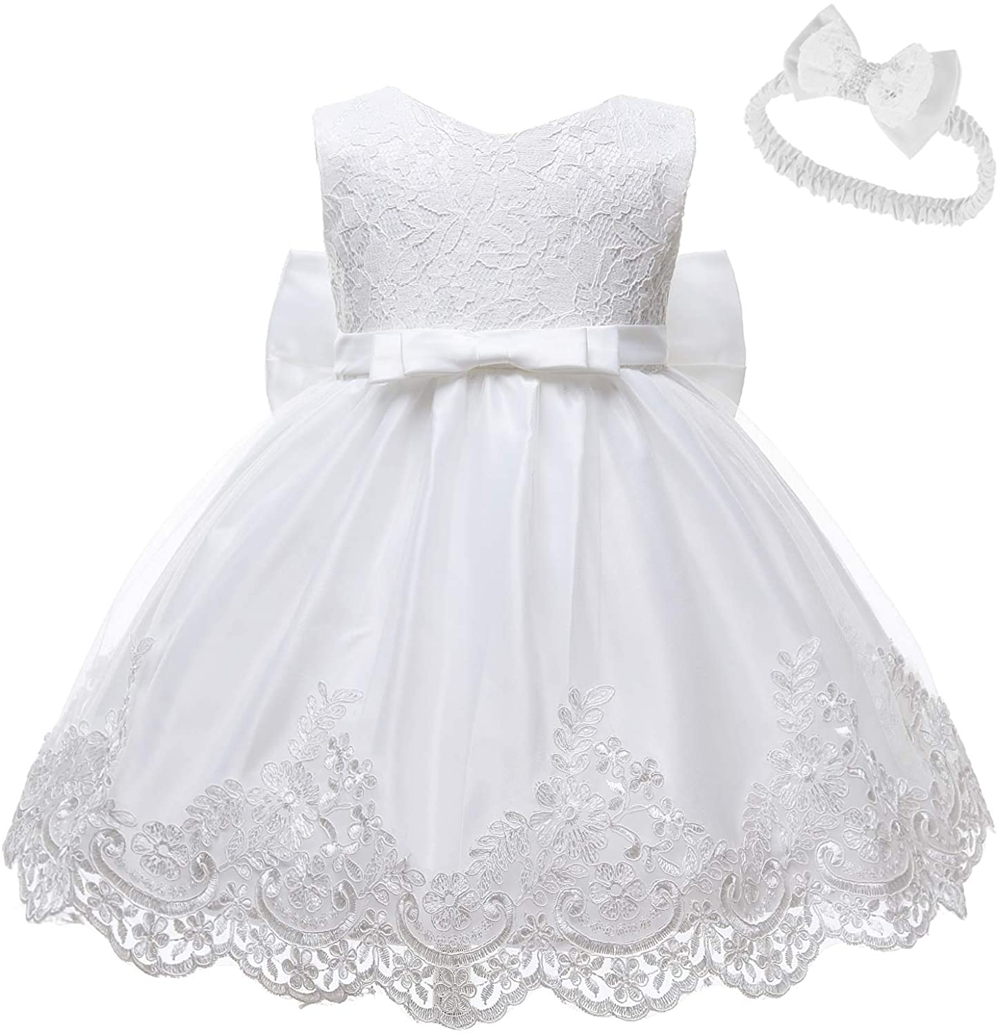 Baby Girls' Ruffle Lace Backless Dress with Headwear and Bowknot Flower