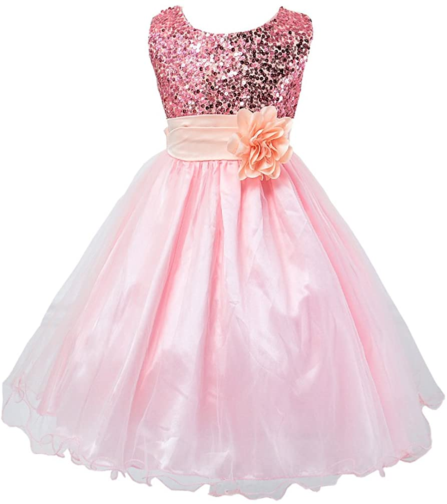 Sequin Mesh Tulle Party Dress for Girls with Flower and Bow Accents