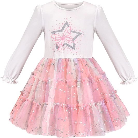 Girls Long Sleeve Christmas Dress with Owl and Sequin Design Cotton Top with Tulle Skirt, Machine Washable
