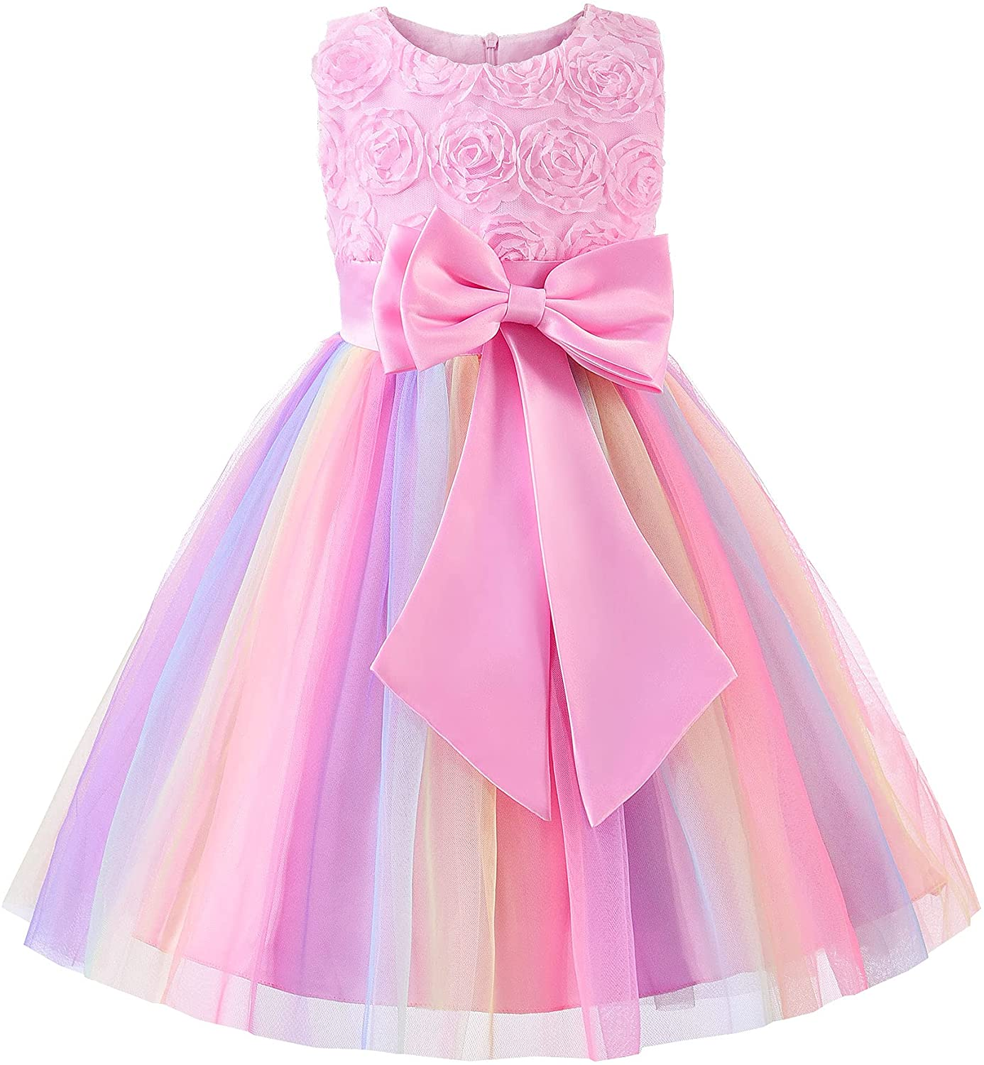 Sleeveless Tulle 3D Flower Rainbow Dress for Little Girls - Perfect for Weddings, Parties and Dress Up!